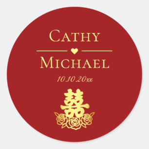 Sticker Rond Élégant double bonheur rose chinois mariage rouge