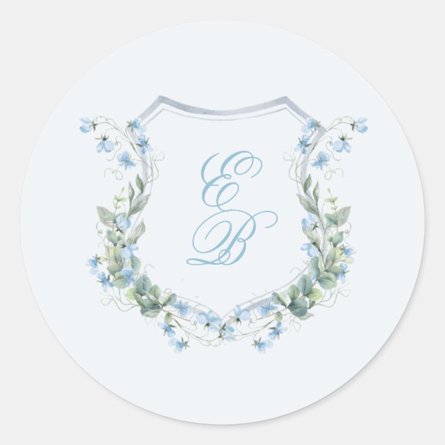 Sticker Rond Elegant Dusty Blue Floral Crest Wedding (Devant)
