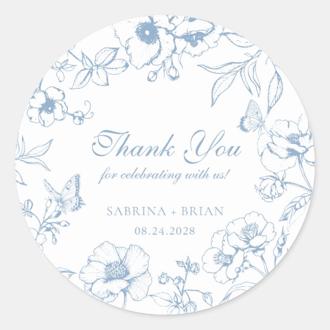 Sticker Rond Elegant Dusty Blue Floral Wedding Thank You (Devant)