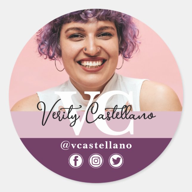 Sticker Rond Elégant Dusty Mauve Nom du script et photo personn (Devant)