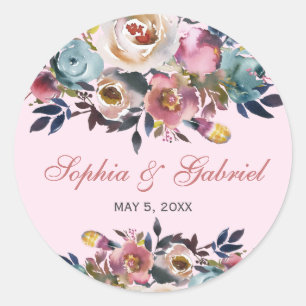 Sticker Rond Élégant Dusty Peach Pink Blue Floral Mariage
