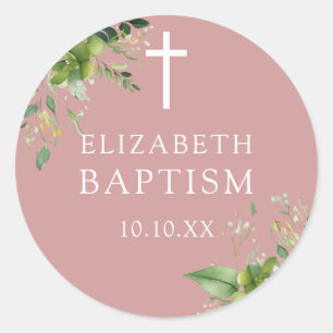 Sticker Rond Elégant Dusty Rose rose verdure Baptême  Favoriser