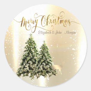 Sticker Rond Élégant, Élégant Pin Trees, Reindeer de Noël