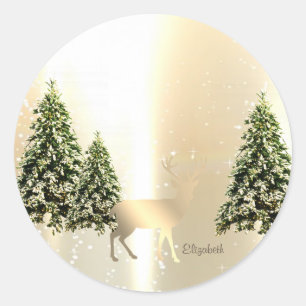 Sticker Rond Élégant, Élégant Pin Trees, Reindeer de Noël