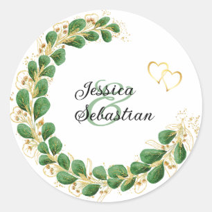 Sticker Rond Élégant Emerald Green & Gold Eucalyptus Mariage