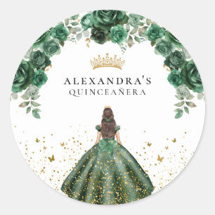 Sticker Rond Élégant Émeraude Quinceañera Floral Faux Feuille