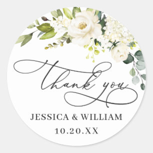 Sticker Rond Elégant Eucalyptus blanc Roses Mariage Merci