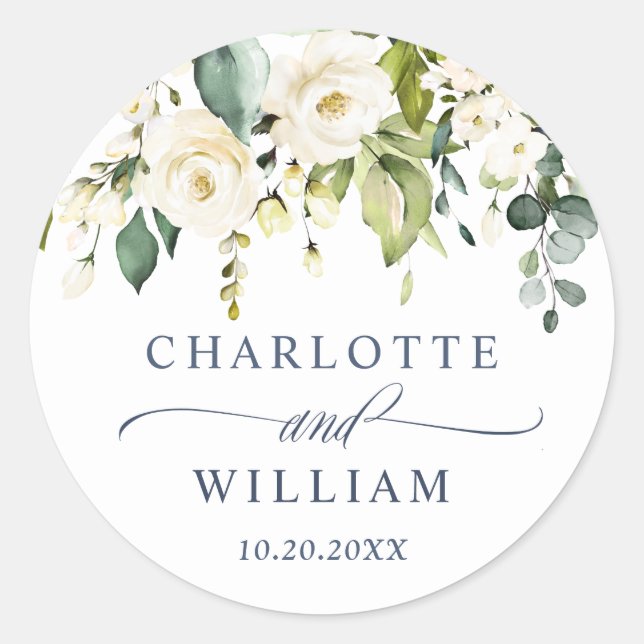 Sticker Rond Elégant Eucalyptus blanc Roses Mariage Merci (Devant)