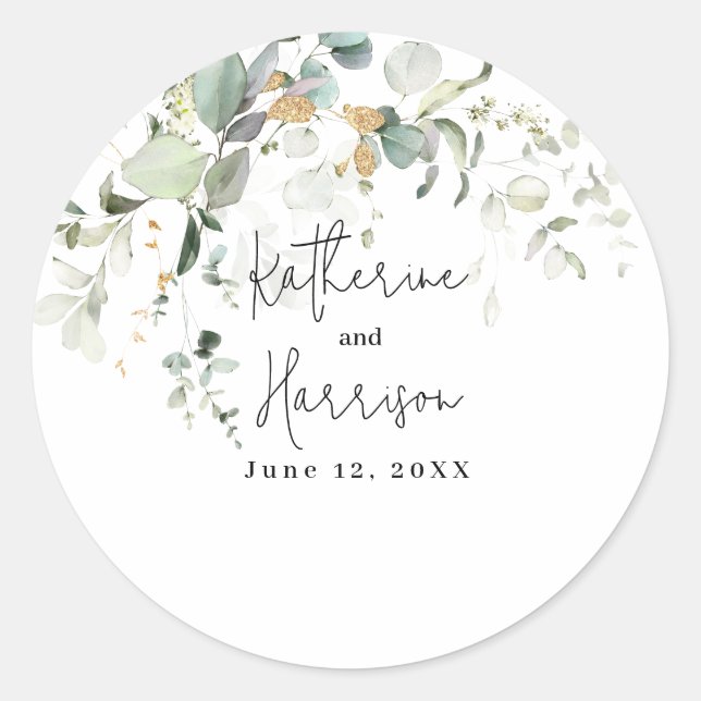 Sticker Rond Elégant Eucalyptus et Gold Greenery Clas Mariage (Devant)