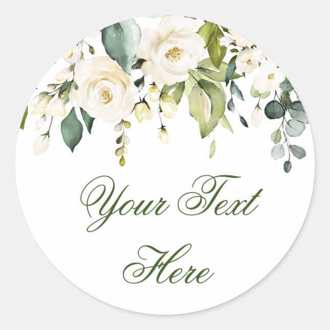 Sticker Rond Elégant Eucalyptus Roses Blanches Floral Personnal (Devant)