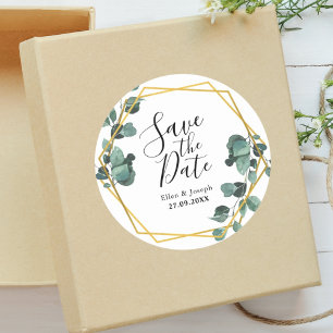 Sticker Rond Élégant Faire-Part de Mariage Éucalyptus Airy Save
