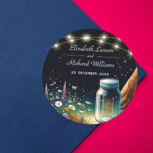 Sticker Rond Élégant Faire-part de mariage rustique de luciole