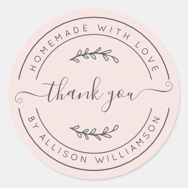 Sticker Rond Élégant Fait Maison Avec Amour Rose Pâle Merci (Devant)