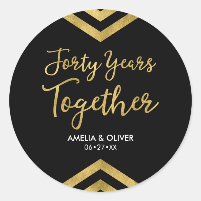 Sticker Rond Elégant Faux Gold Chevron 40e anniversaire Mariage (Devant)