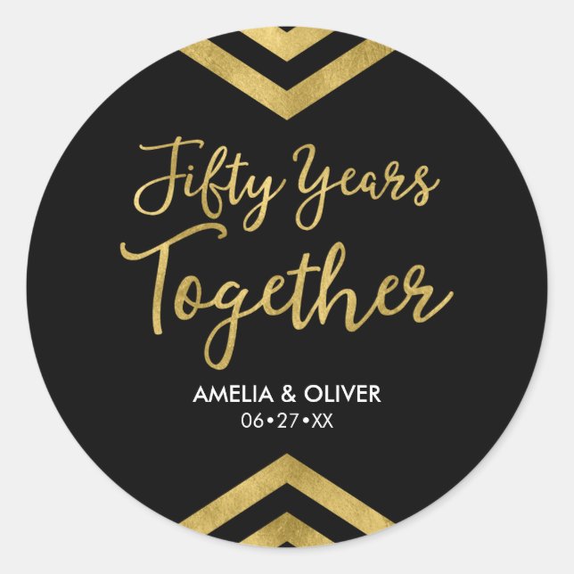 Sticker Rond Elégant Faux Gold Chevron 50e anniversaire Mariage (Devant)