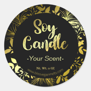 Sticker Rond Élégant FAUX Gold Foil Branch Black Soy Wax Candle