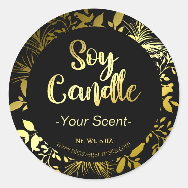 Sticker Rond Élégant FAUX Gold Foil Branch Black Soy Wax Candle (Devant)