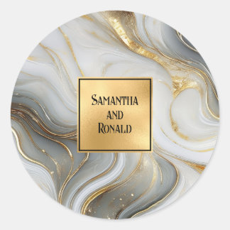 Sticker Rond Elegant Faux Gold, Grey White Marbled Wedding
