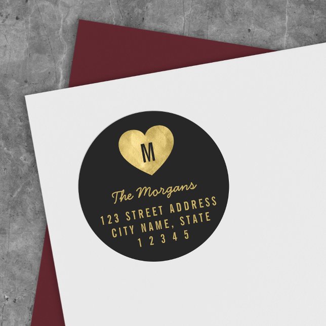 Sticker Rond Elégant Faux Gold Monogram Heart Adresse de famill (Créateur téléchargé)