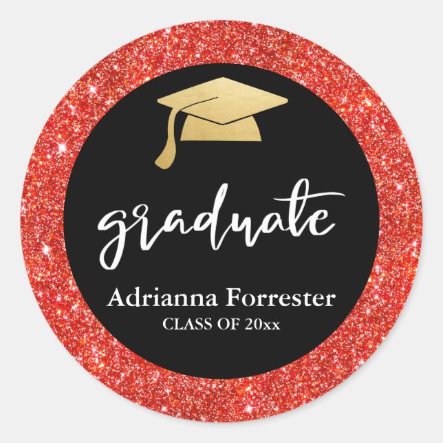 Sticker Rond Élégant Faux Red Parties scintillant Graduation Ca (Devant)