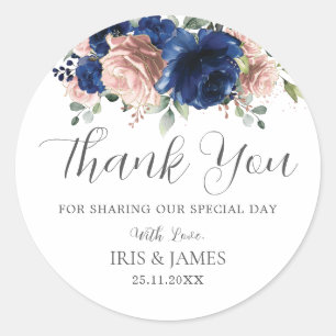 Sticker Rond Élégant Favori de Mariage Fleur Chic Bleu Marine R