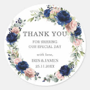 Sticker Rond Élégant Favori de Mariage Fleurie Bleu Nuit Or Ros