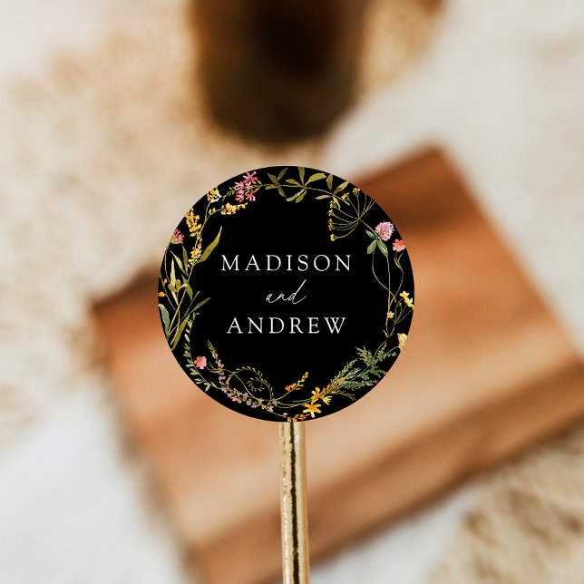 Sticker Rond Élégant Fleur sauvage d'été Wreath Mariage noir (Créateur téléchargé)