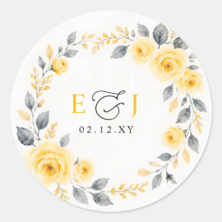 Sticker Rond Élégant floral aquarelle jaune gris mariage