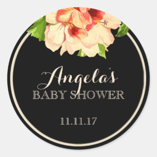 Sticker Rond Elégant Floral & Black Baby shower Cadeaux Faveurs