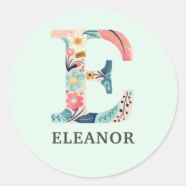 Sticker Rond Élégant Floral Nature Lettre E Nom personnalisé (Devant)