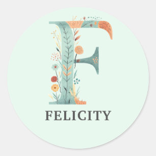 Sticker Rond Élégant Floral Nature Lettre F Nom personnalisé