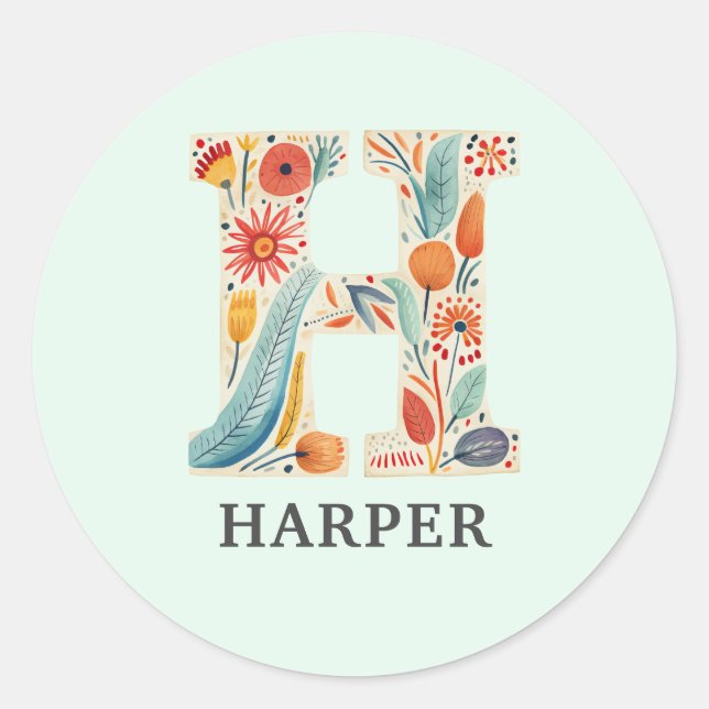 Sticker Rond Élégant Floral Nature Lettre H Nom personnalisé (Devant)
