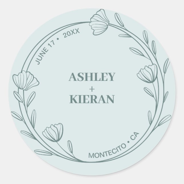 Sticker Rond Élégant Floral Turquoise Mariage (Devant)