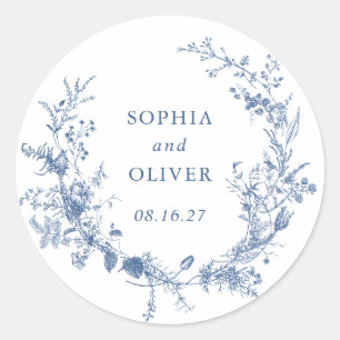 Sticker Rond Élégant Floral Vintage Botanique Marine Mariage bl