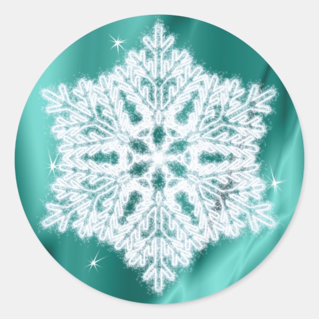 Sticker Rond Élégant Fluffy Snowflake Turquoise Green Faux Épar (Devant)