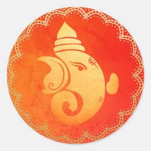 Sticker Rond Élégant Ganapati doré Dieu hindou indien rouge 