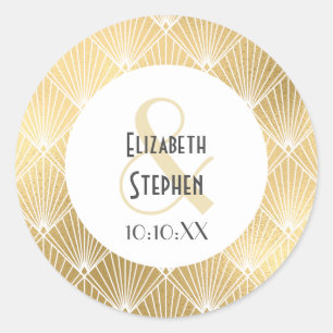 Sticker Rond Élégant Gatsby Art Déco Mariage Blanc & Or Classe