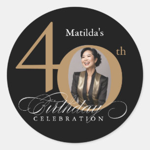 Sticker Rond Elégant Gold Black Photo 40th Birthday