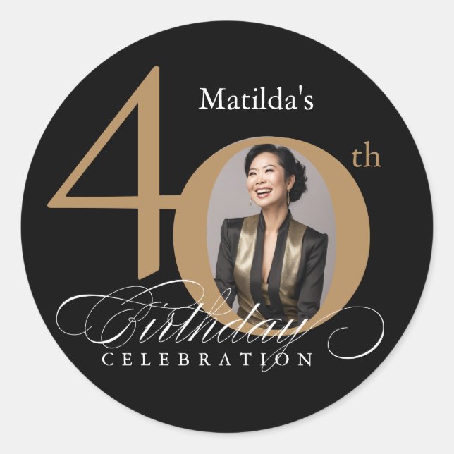 Sticker Rond Elégant Gold Black Photo 40th Birthday (Devant)