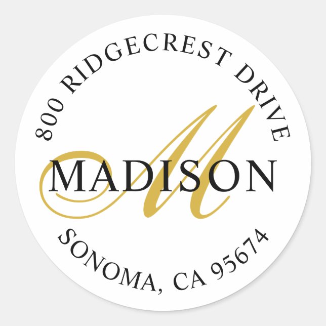 Sticker Rond Elegant Gold Black Script Monogramme Adresse de re (Devant)