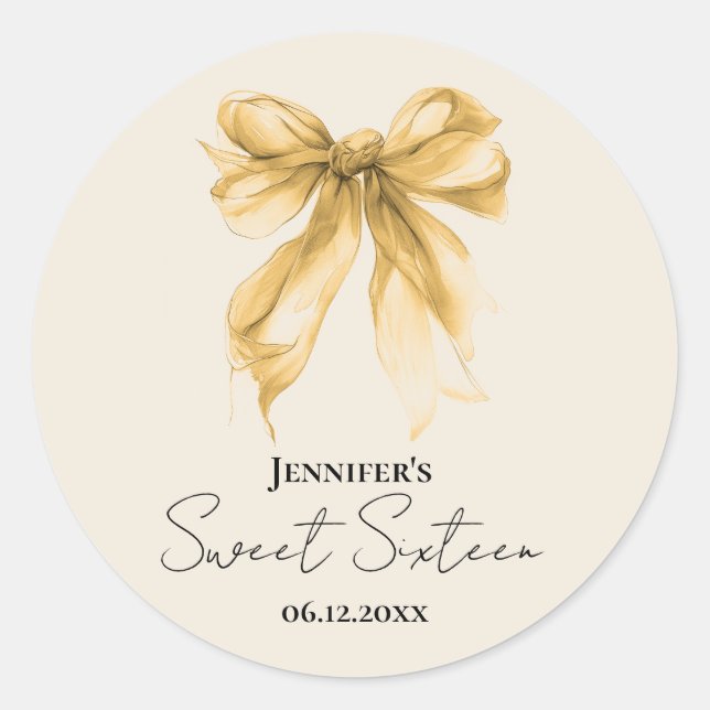 Sticker Rond Elegant Gold Bow Coquette Script Sweet 16 Party  (Devant)