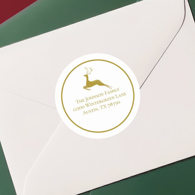 Sticker Rond Elegant Gold Christmas Reindeer Adresse de retour (Créateur téléchargé)