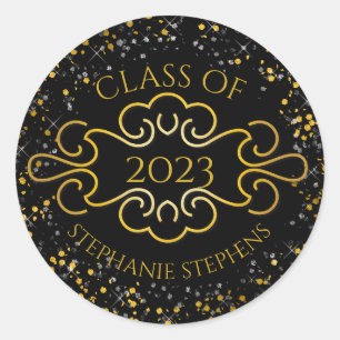 Sticker Rond Elégant Gold Confetti Flourish Class of 2023 Nom