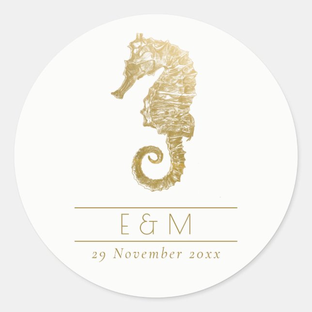 STICKER ROND ELEGANT GOLD FOIL NAVY SEAHORSE MONOGRAM (Devant)