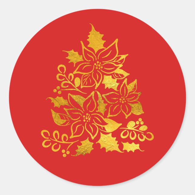 Sticker Rond Elegant Gold Foil Poinsettias Christmas Tree (Devant)