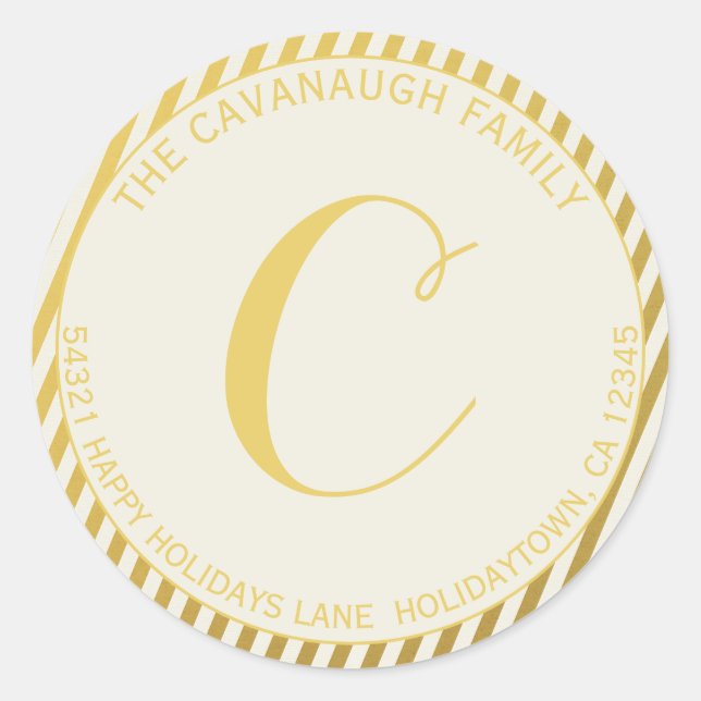 Sticker Rond Élégant Gold Foil Stripe Monogramme Adresse (Devant)