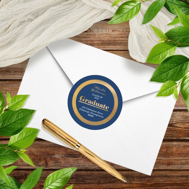 Sticker Rond Elegant Gold Graduate Dark Blue Adresse de retour (Créateur téléchargé)