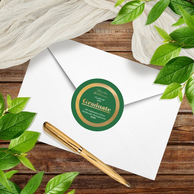 Sticker Rond Elegant Gold Graduate Green Adresse de retour (Créateur téléchargé)