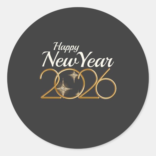 Sticker Rond Elegant Gold “Happy New Year 2026” Black & Gold  (Devant)