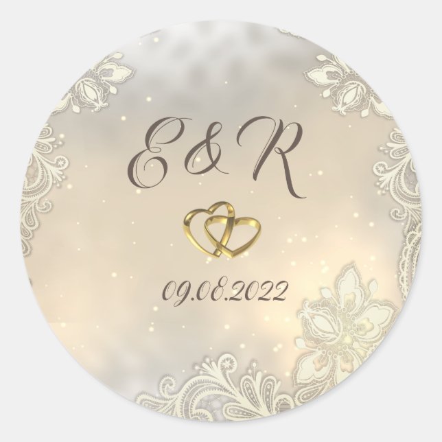 Sticker Rond Elégant Gold Hearts Mariage dentelle (Devant)